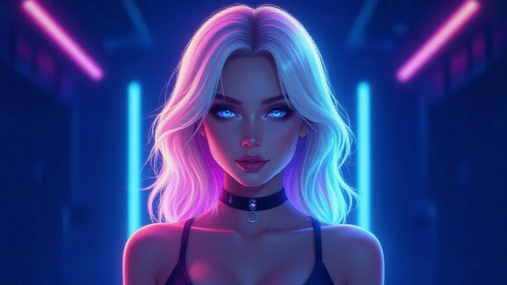 1girl, ashleygrah4m, anatomically correct, proper proportions, neon lighting, glowing blonde hair, rainbow