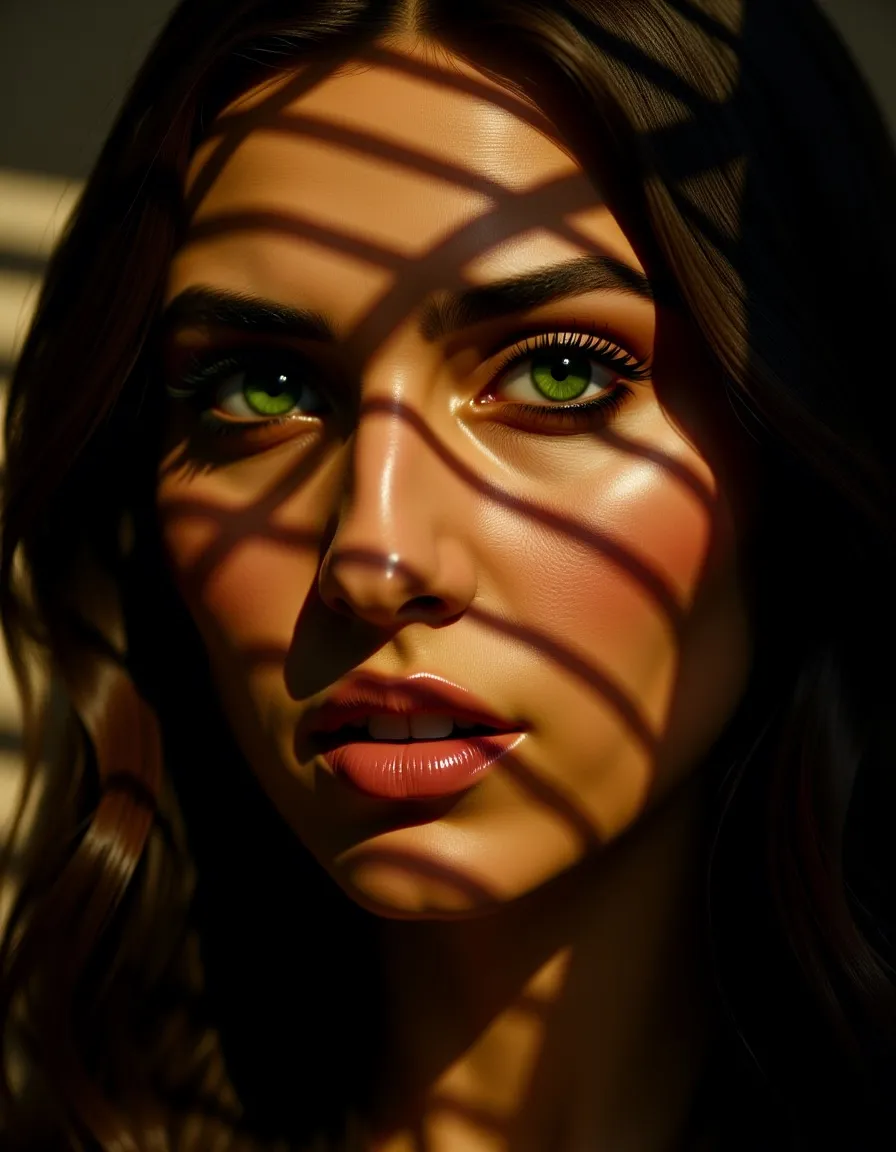 Photorealistic close-up portrait of a woman with striking green eyes and soft