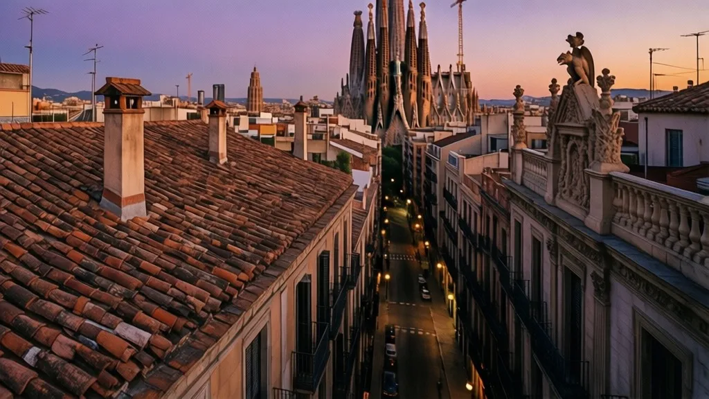 A view of Barcelona’s rooftops at dusk, capturing the contrast between the