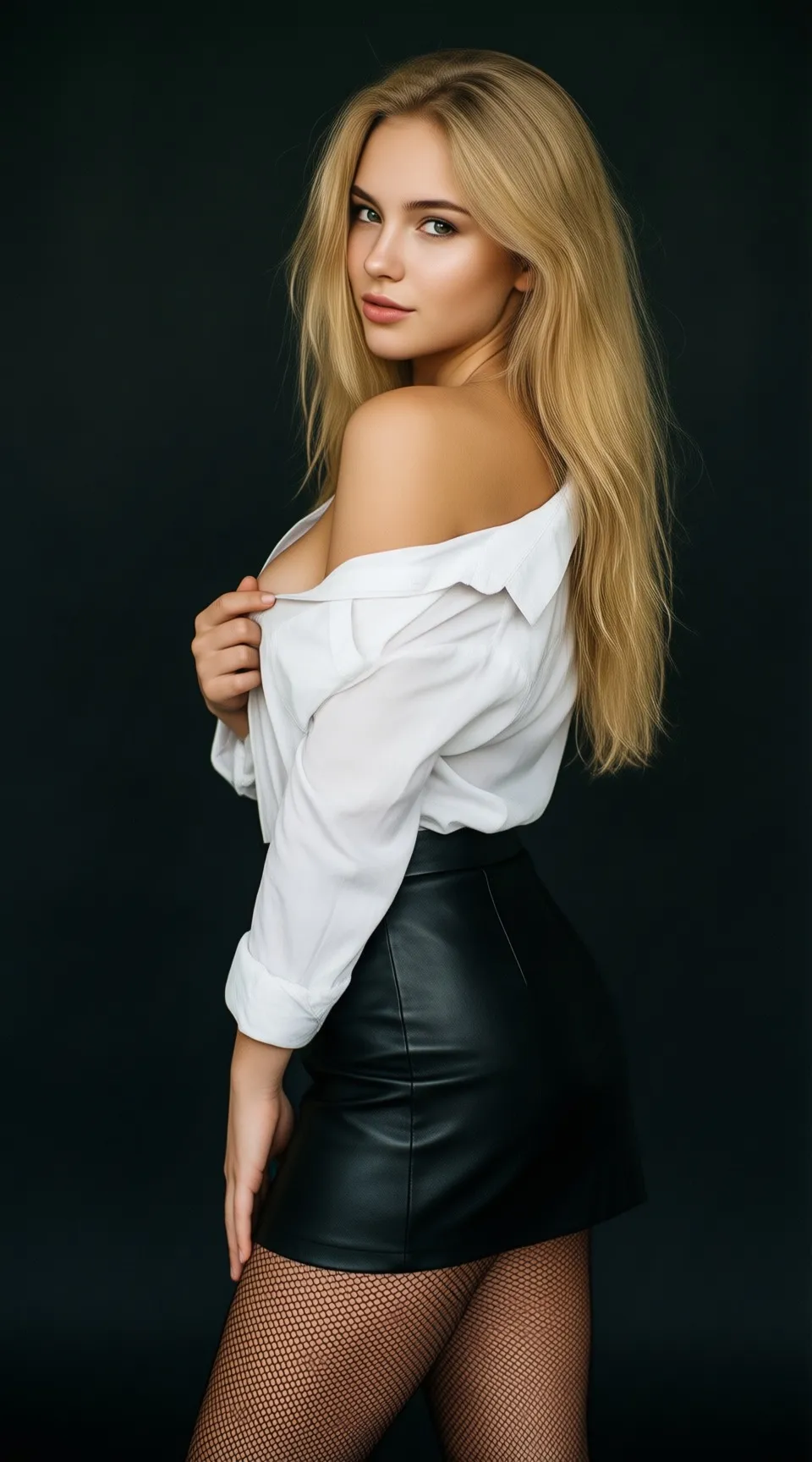 Blonde girl, 25 years old, white blouse, no bra, cleavage, short leather