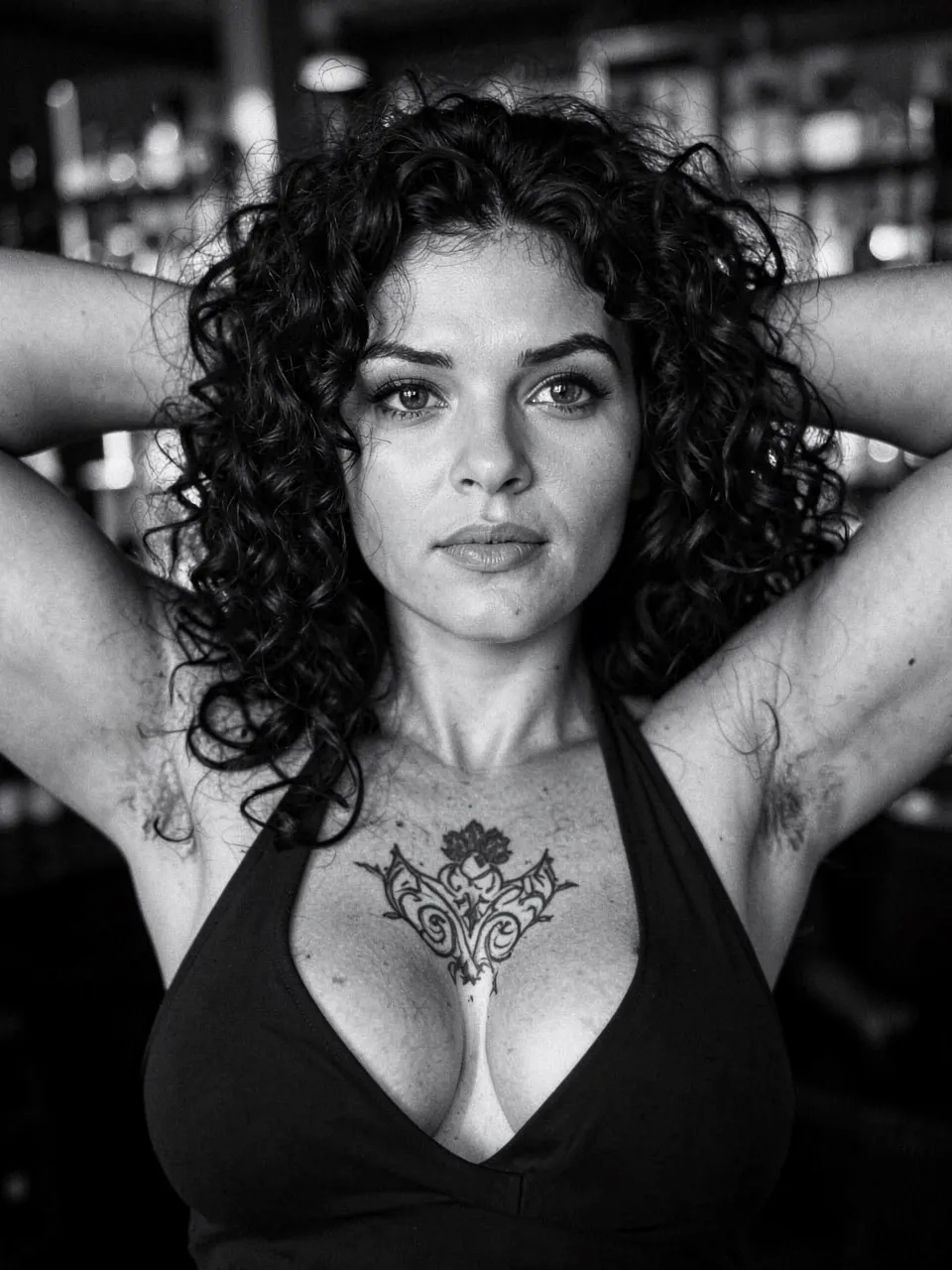 This black-and-white portrait captures a woman with voluminous, curly dark hair framing
