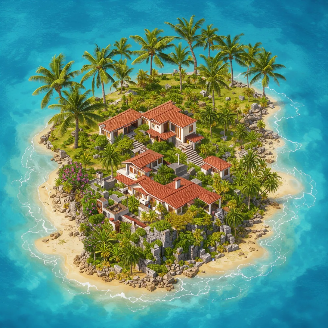 isometric style a tropical island, birds view . vibrant, beautiful, crisp
