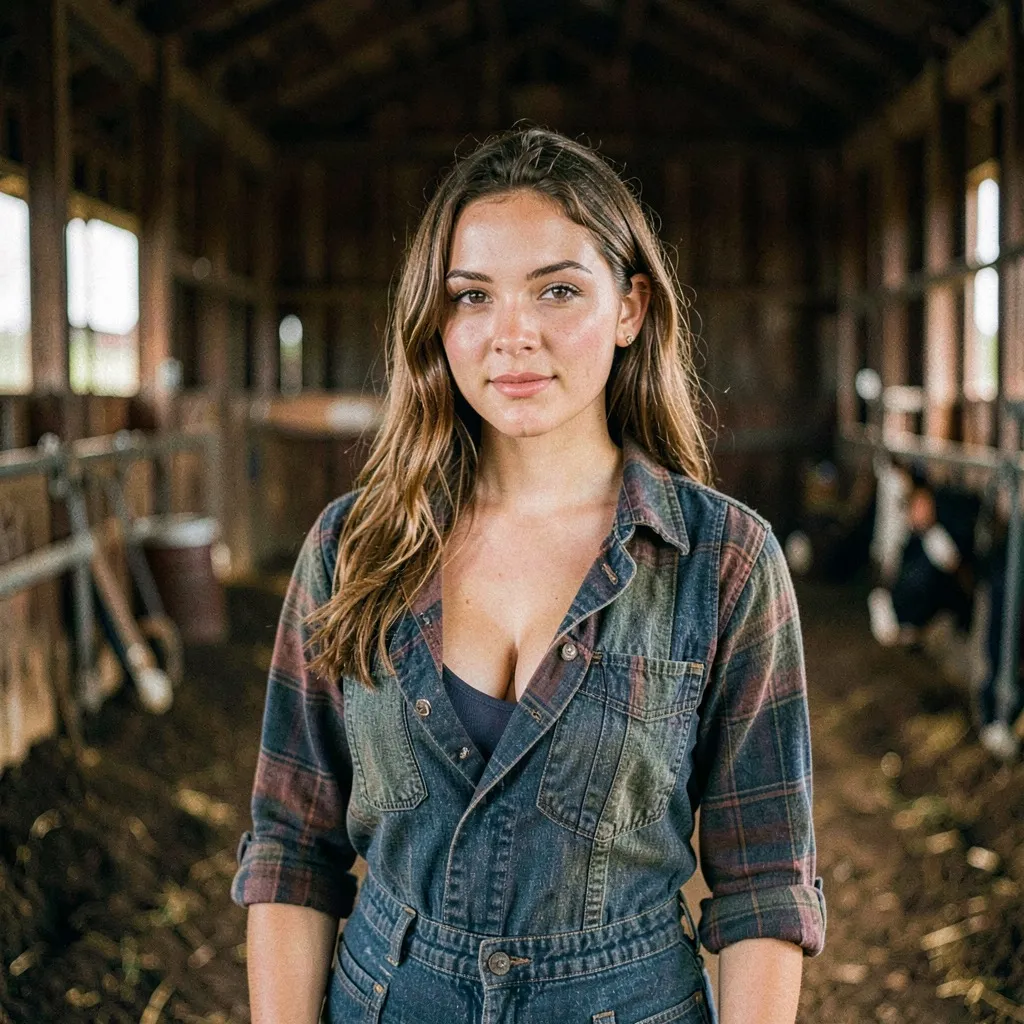 cinematic photo a very sexy young farmer girl showing cleavage