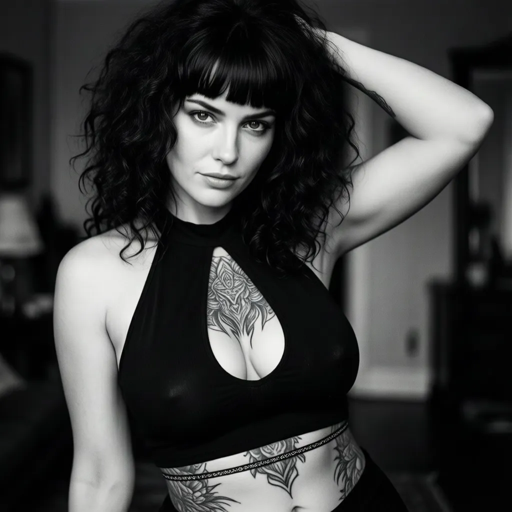 A high-detail black and white photographic portrait of a woman with voluminous