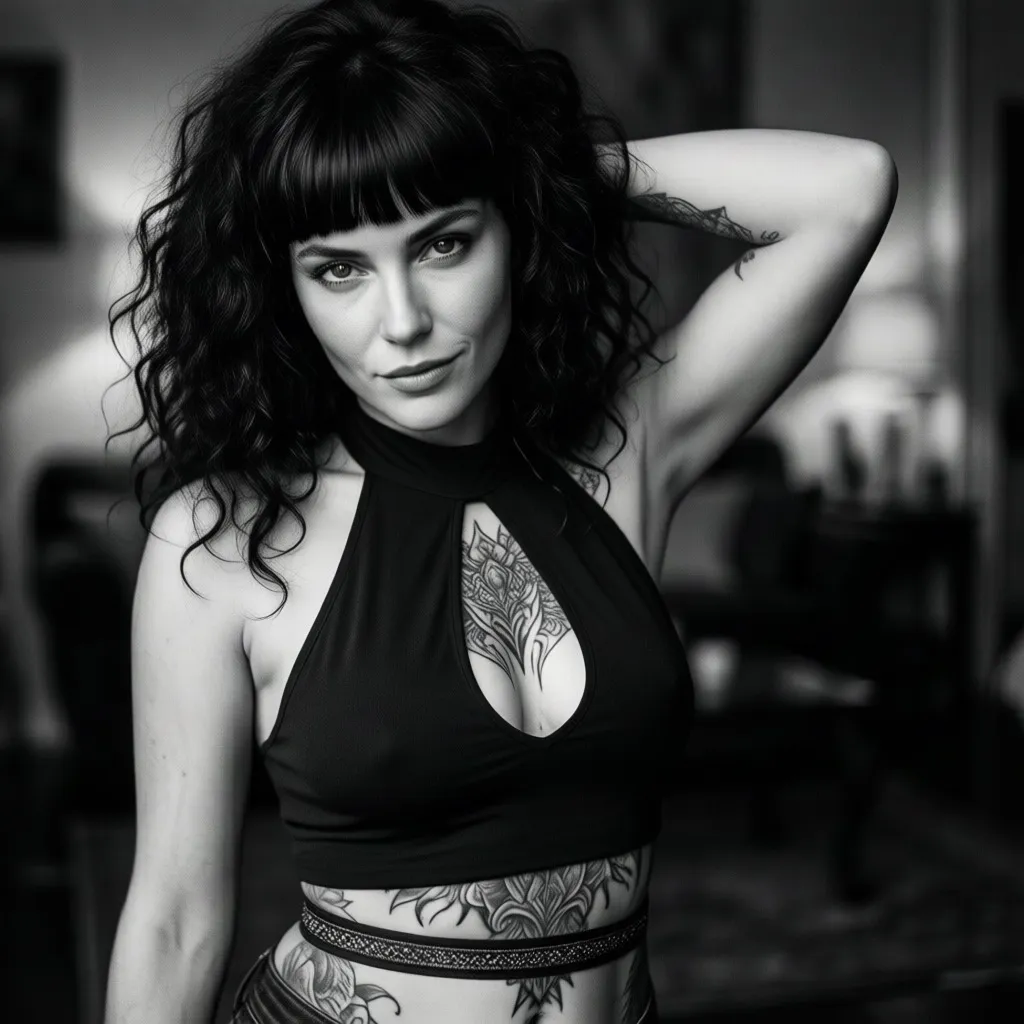 A high-detail black and white photographic portrait of a woman with voluminous
