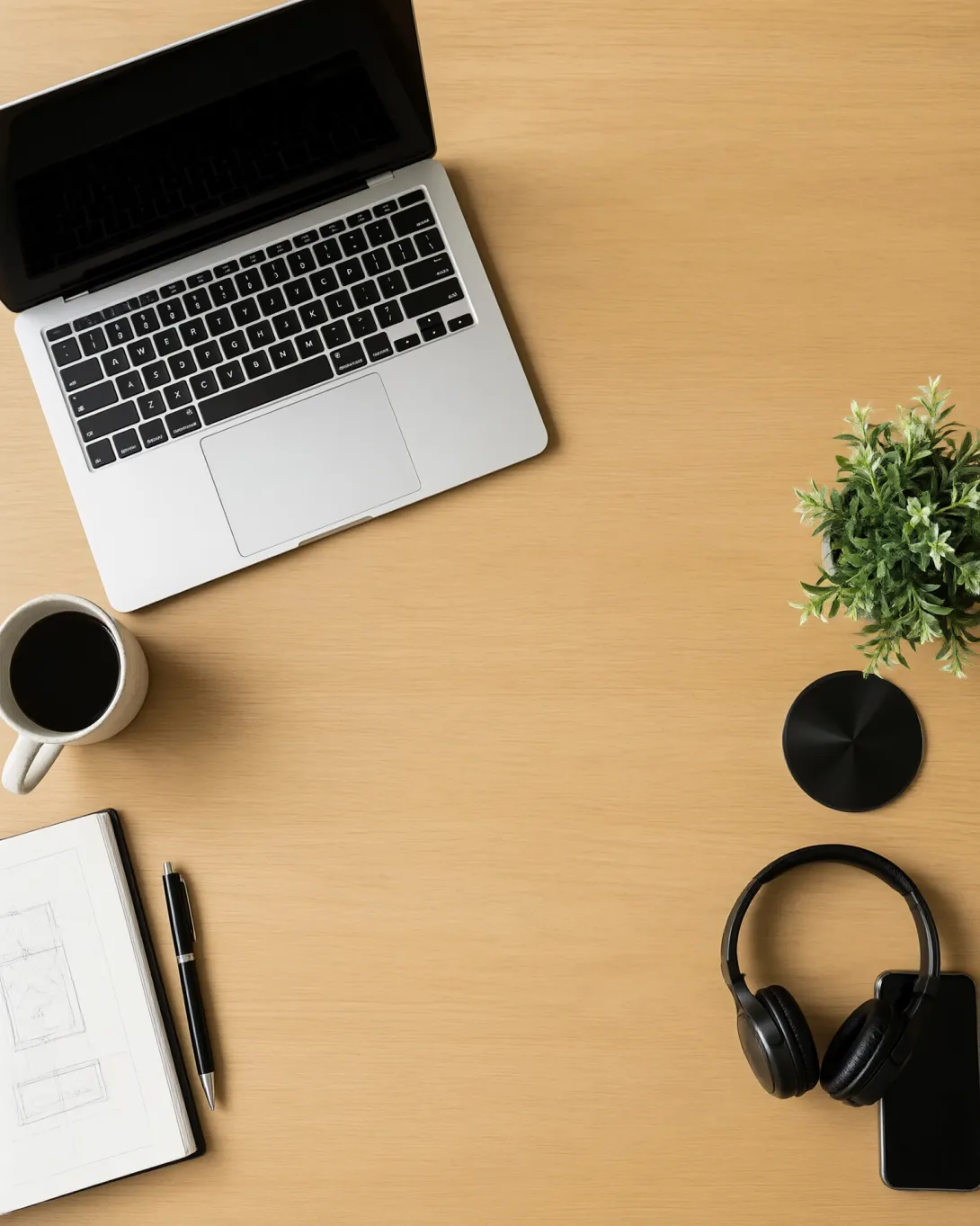 Create a clean top-down flat lay of a creative workspace