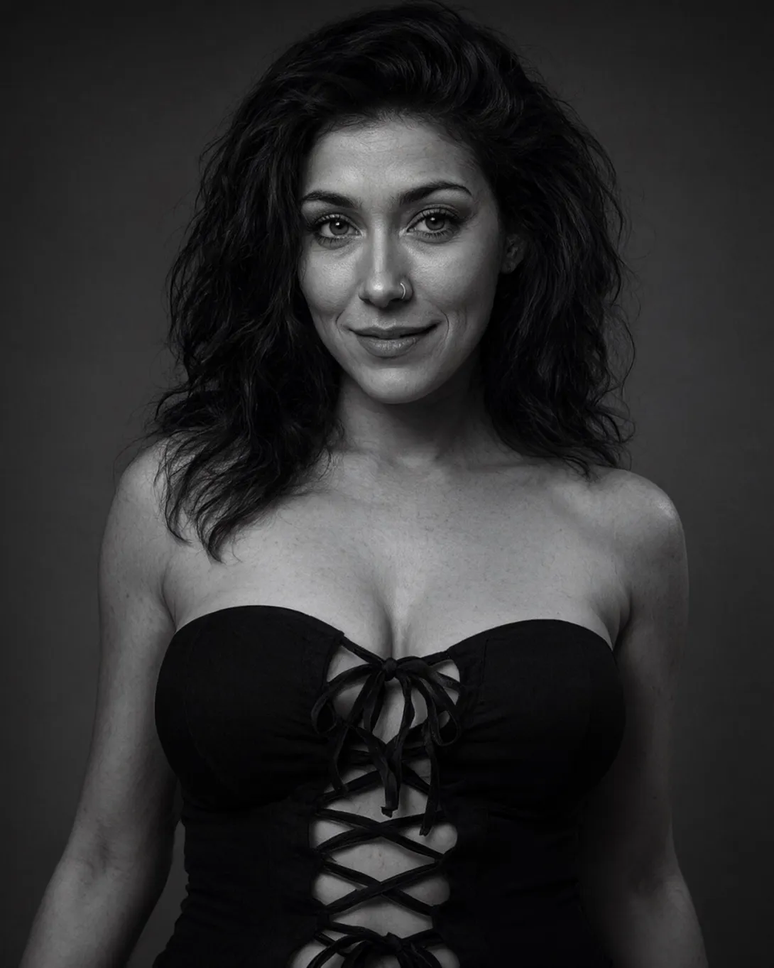 film noir style The image features a woman with voluminous breasts