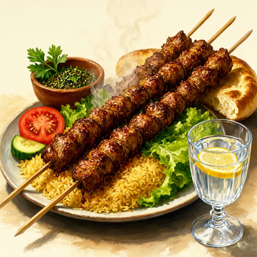 The digital painting features a vibrant and colorful kebab meal