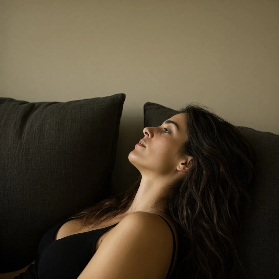 An intimate side-profile portrait of a woman in their late twenties