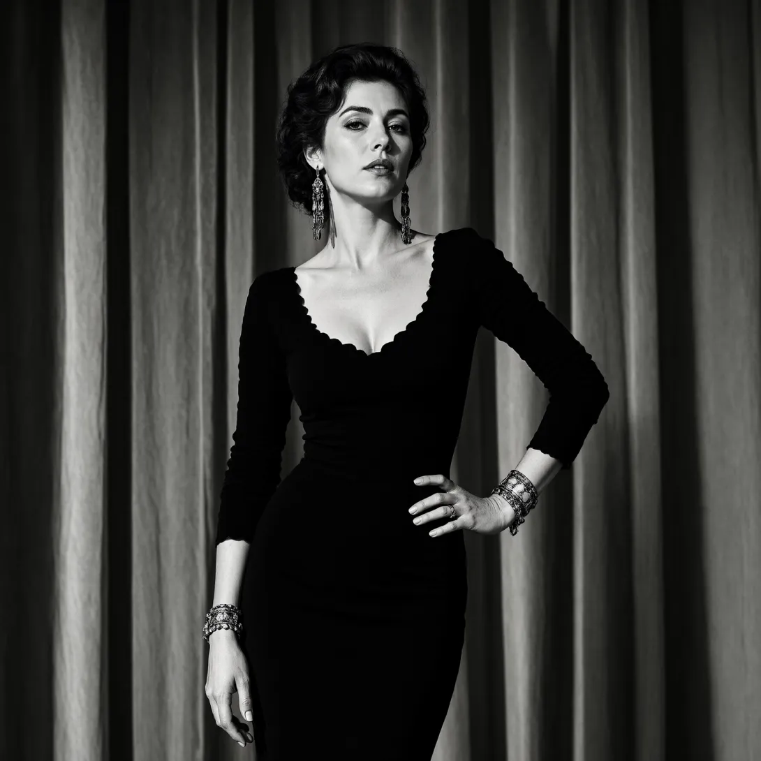 The image features a woman standing against a backdrop of draped curtains