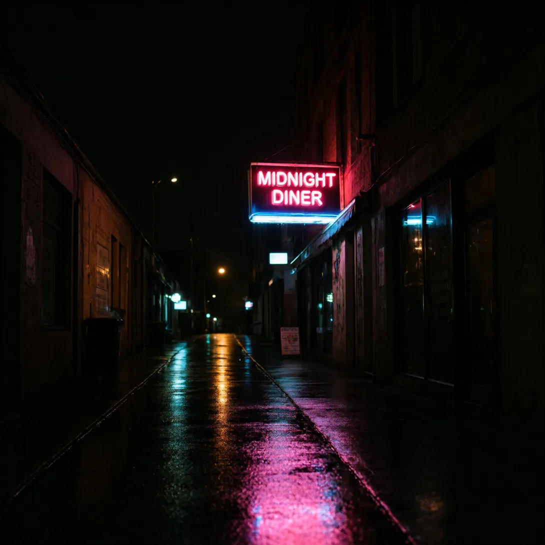 A rainy night neon city alleyway