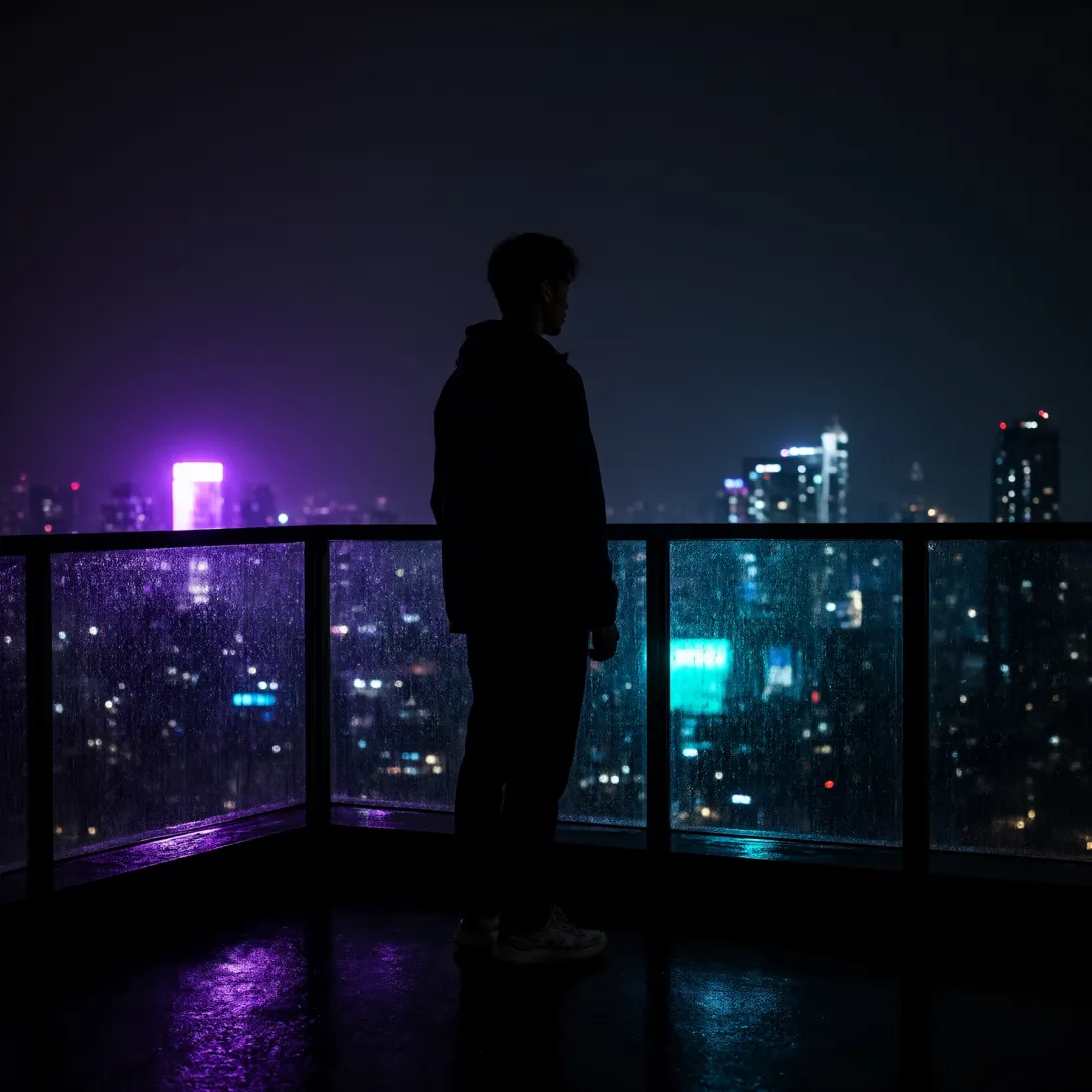 A full-length silhouette of a person standing on a high-rise balcony