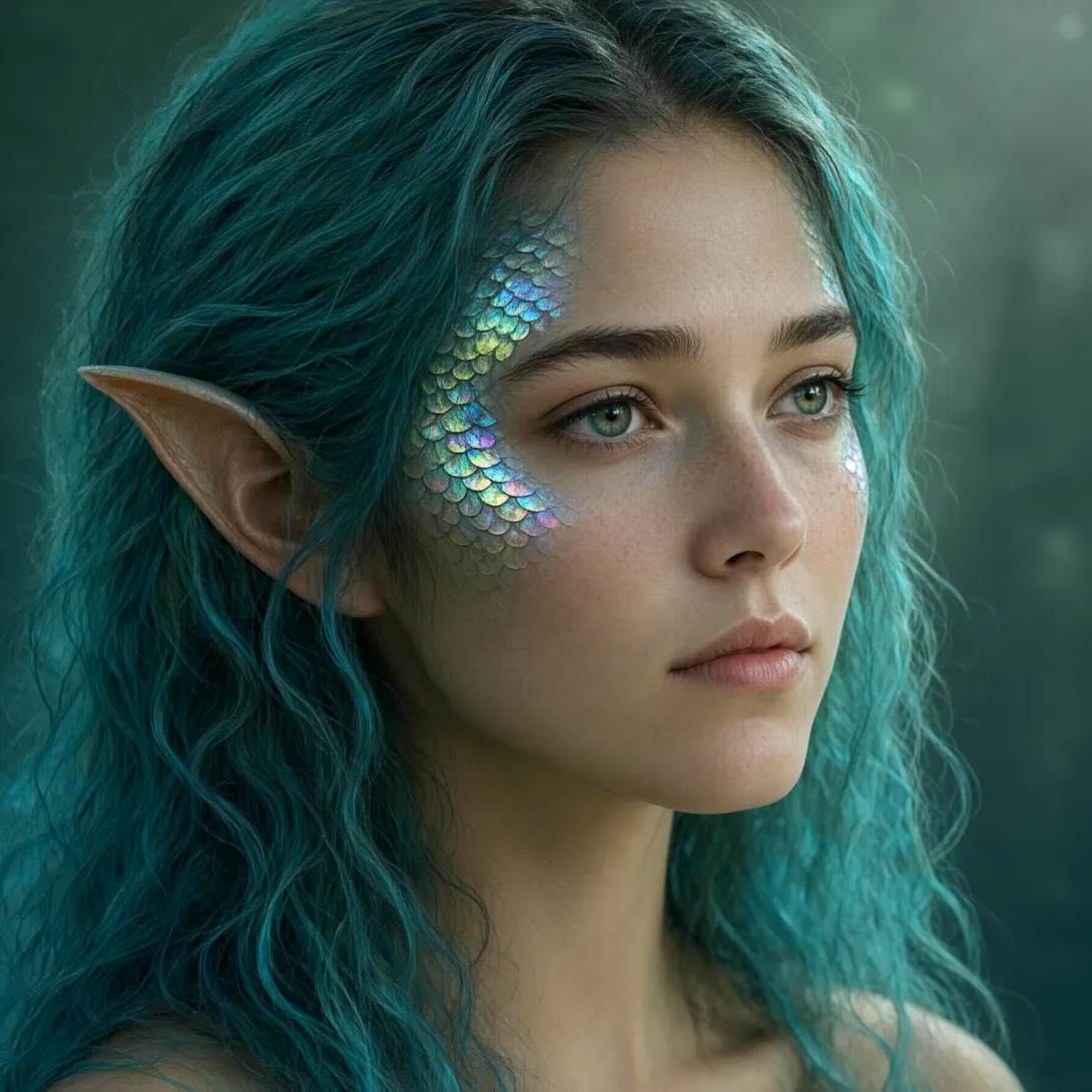 Close-up portrait of a whimsical water elf with glowing iridescent scales along