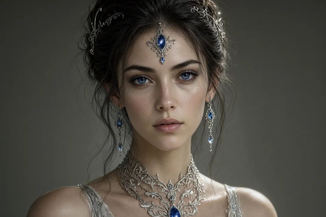 A cinematic portrait of a celestial goddess, ethereal glowing skin