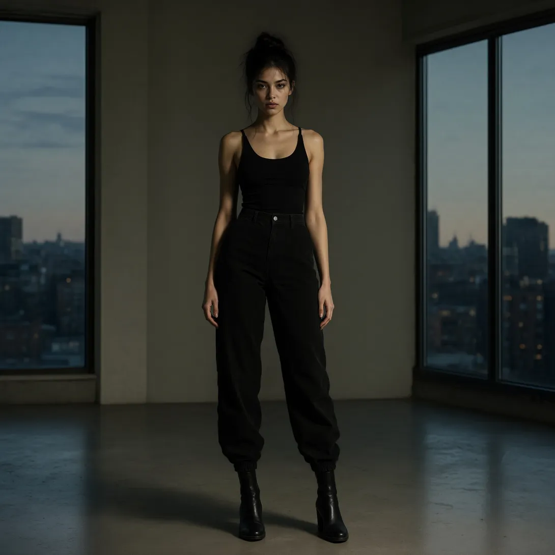 Cinematic full-body shot of a fictional adult model in a minimalist modern
