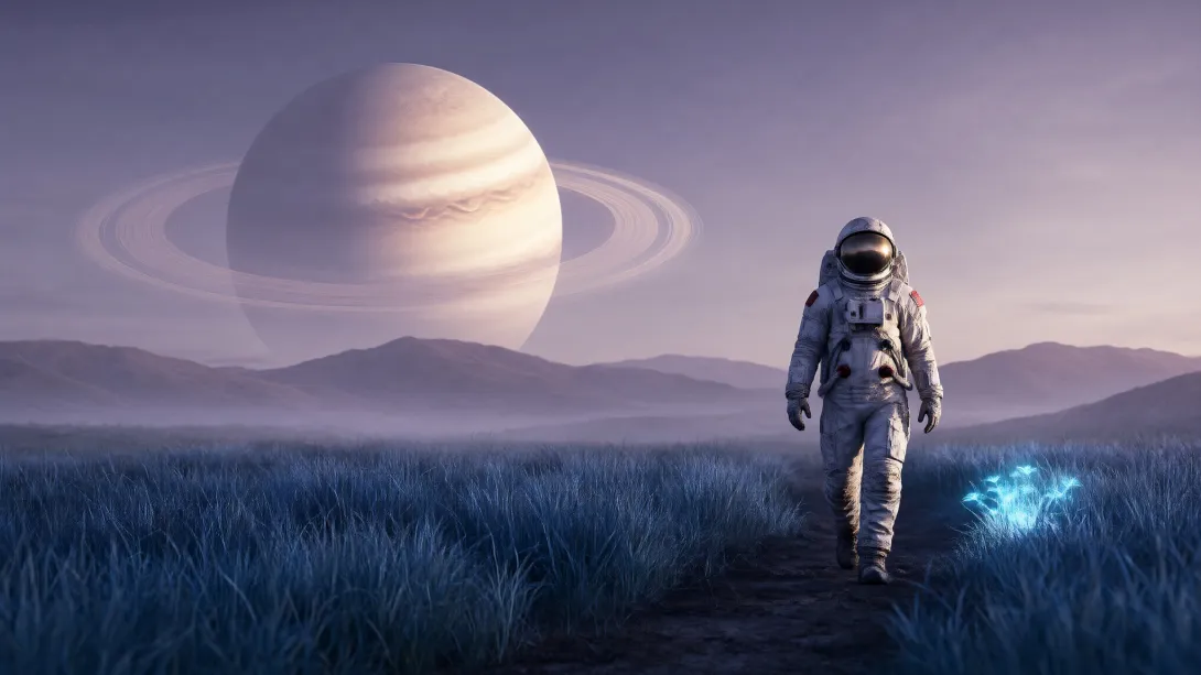 Create a cinematic scene of a lone astronaut walking through tall grass