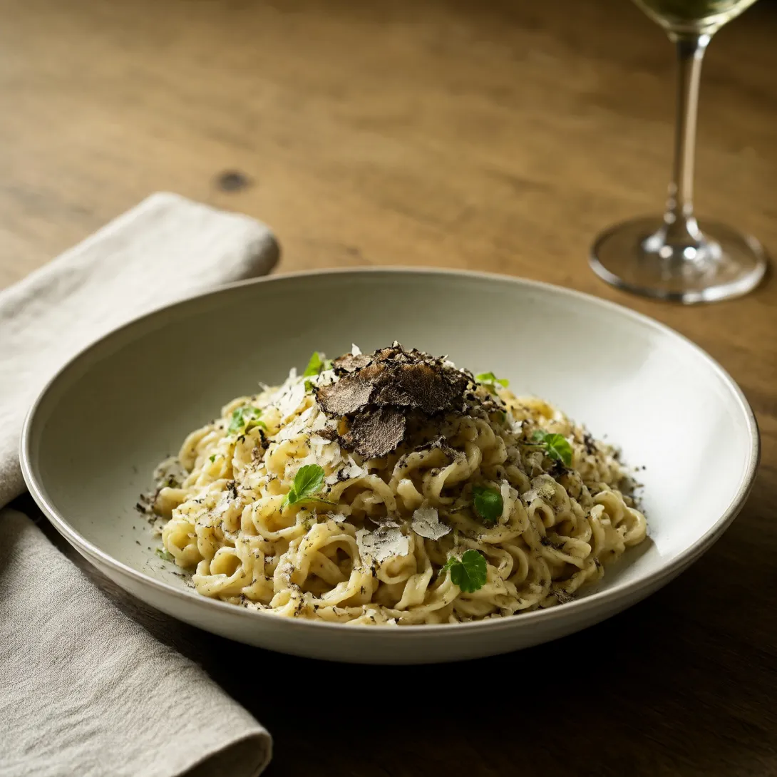 Create a professional food photograph of handmade truffle pasta served