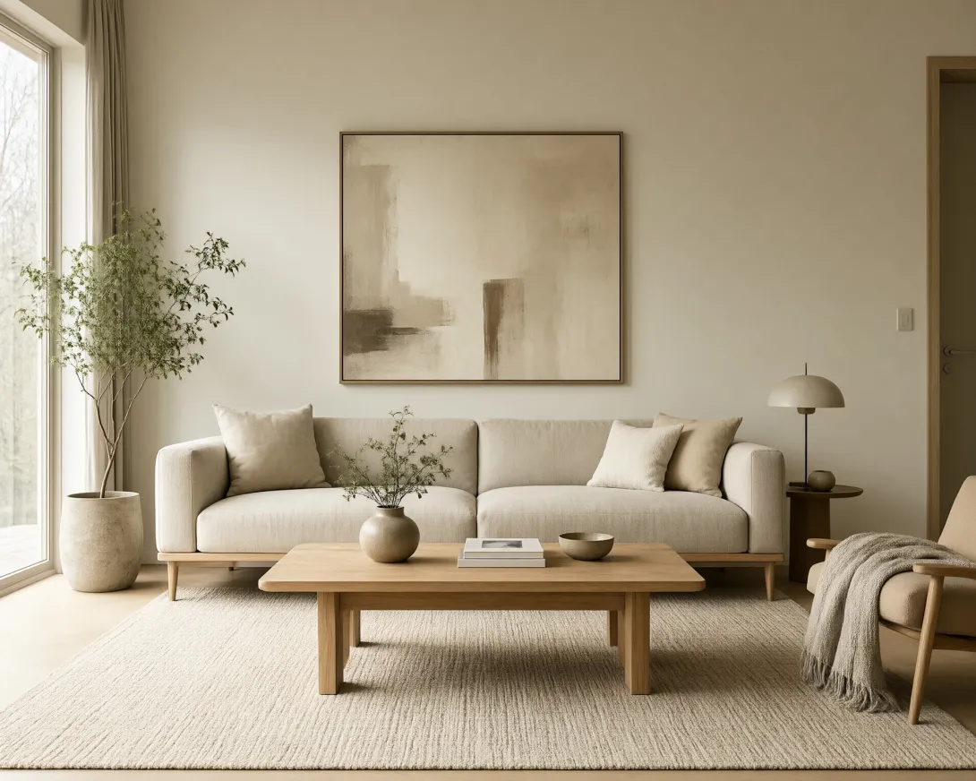 Create a photorealistic interior design image of a modern Japandi living room