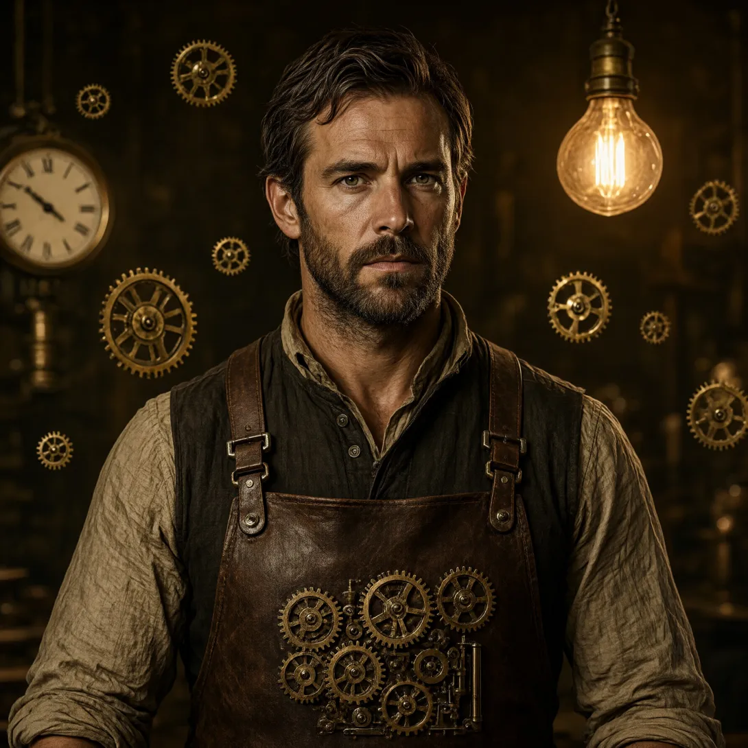 A weathered clockwork engineer in a brass-and-leather apron