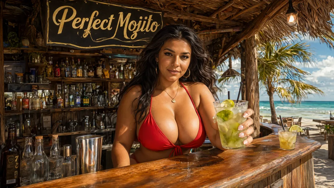 a very detailed photo of a wooden beach bar called "Perfect Mojito"