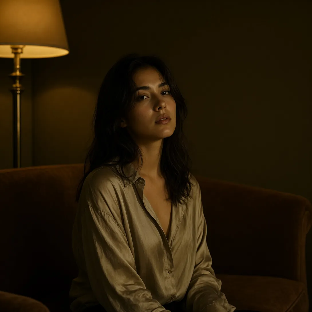 A medium close-up of a young woman with dark hair sitting