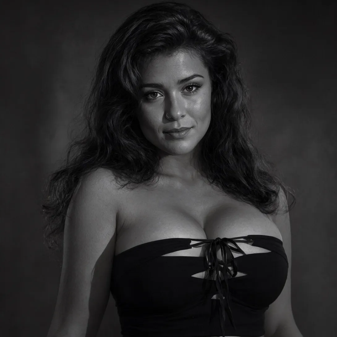 film noir style The image features a woman with voluminous breasts