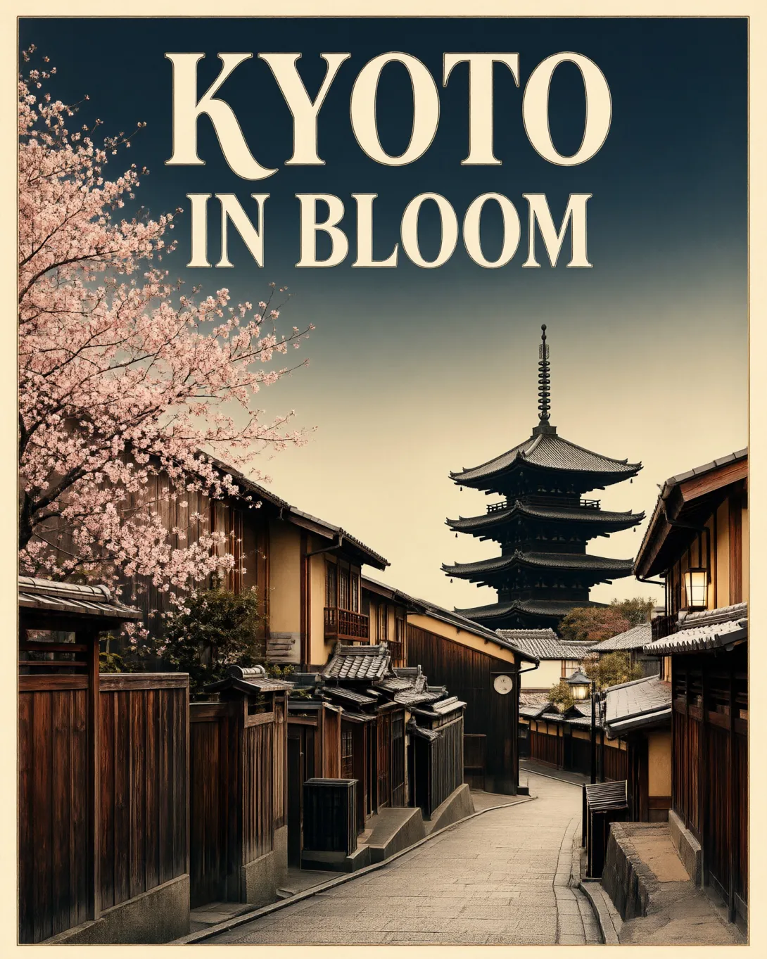Create a vintage-inspired travel poster for Kyoto in spring