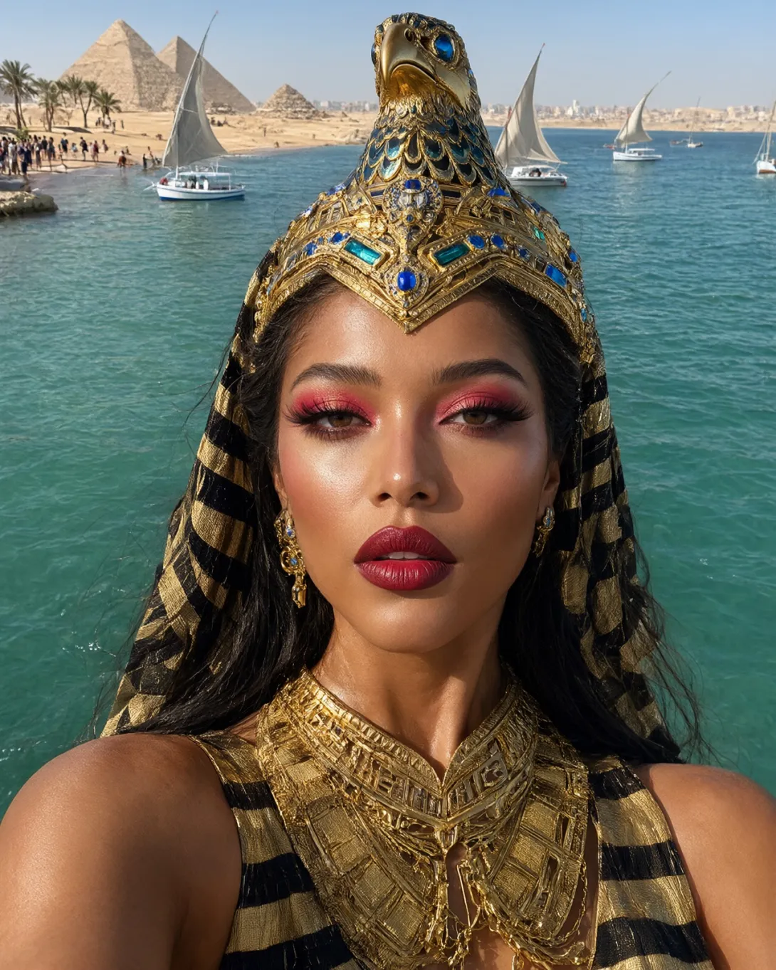 A high-angle selfie shot of a woman dressed in elaborate ancient Egyptian