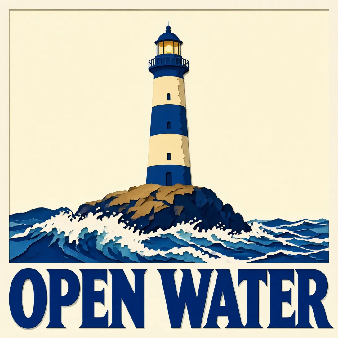 A graphic paper-cut poster of a lighthouse standing above a breaking wave