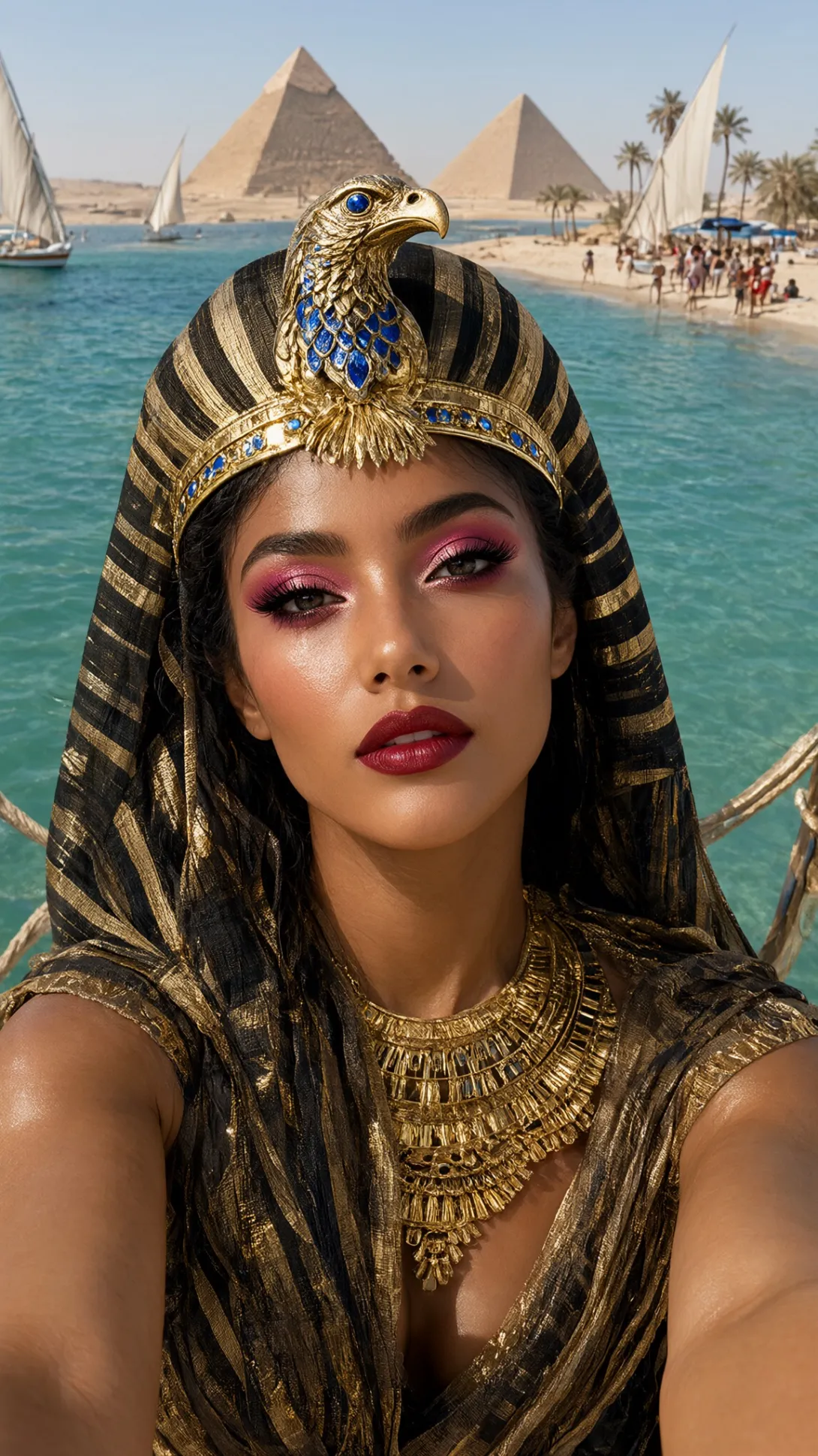 A high-angle selfie shot of a woman dressed in elaborate ancient Egyptian