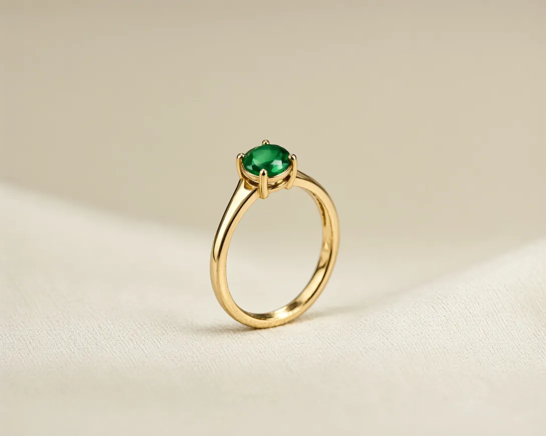 Create a premium jewelry photograph featuring one gold ring with a small